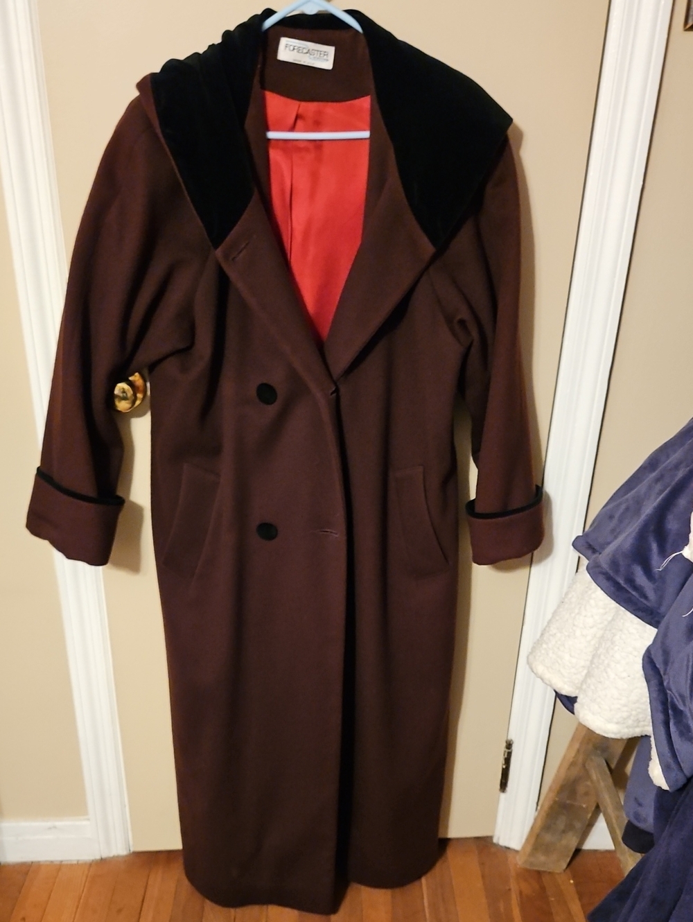 Women's Brown Long Wool Coat with Black Velvet Collar